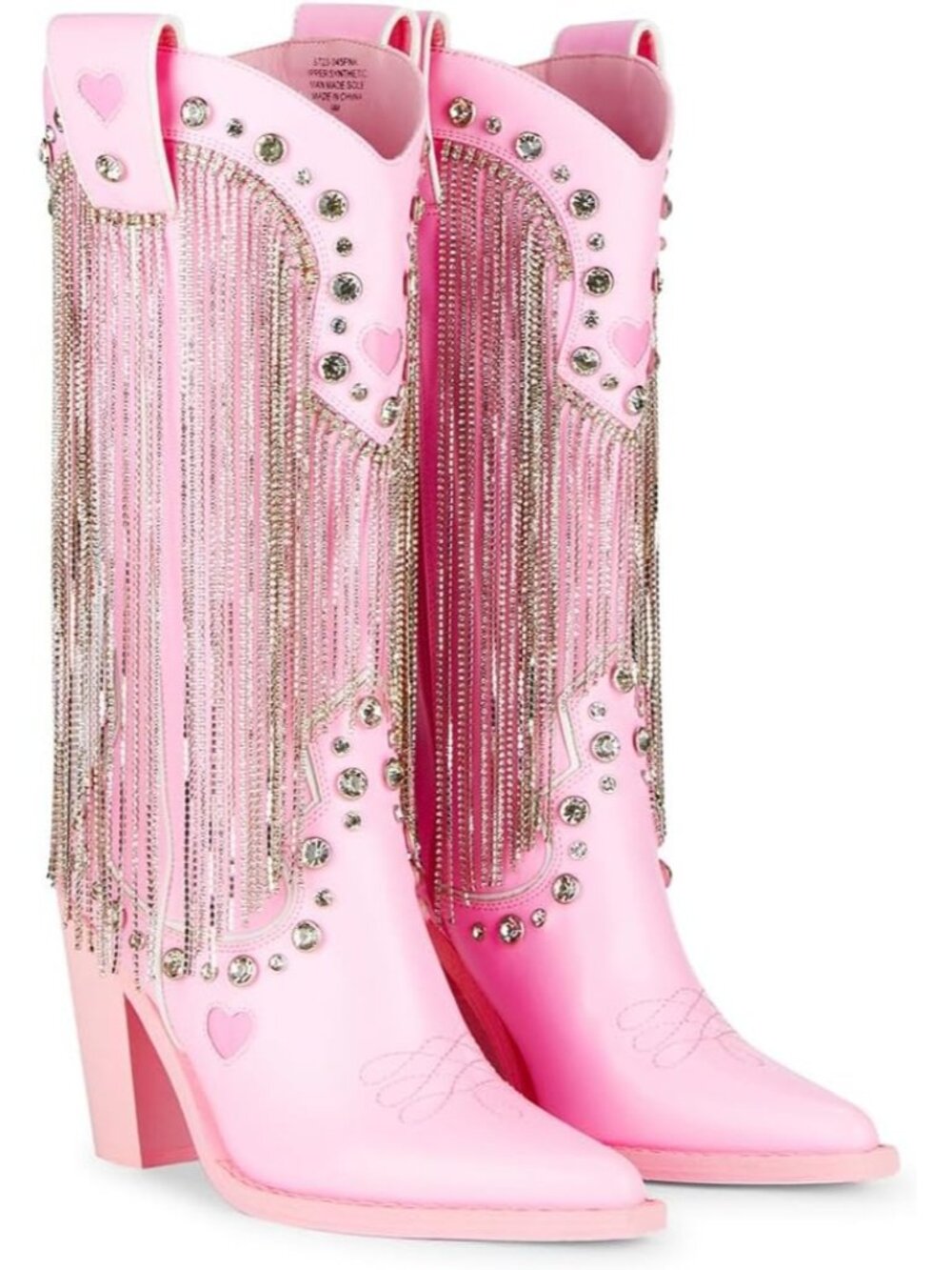 Women's Light Pink Vegan Leather Rhinestone Fringe and Jewel Studs Heel Boots